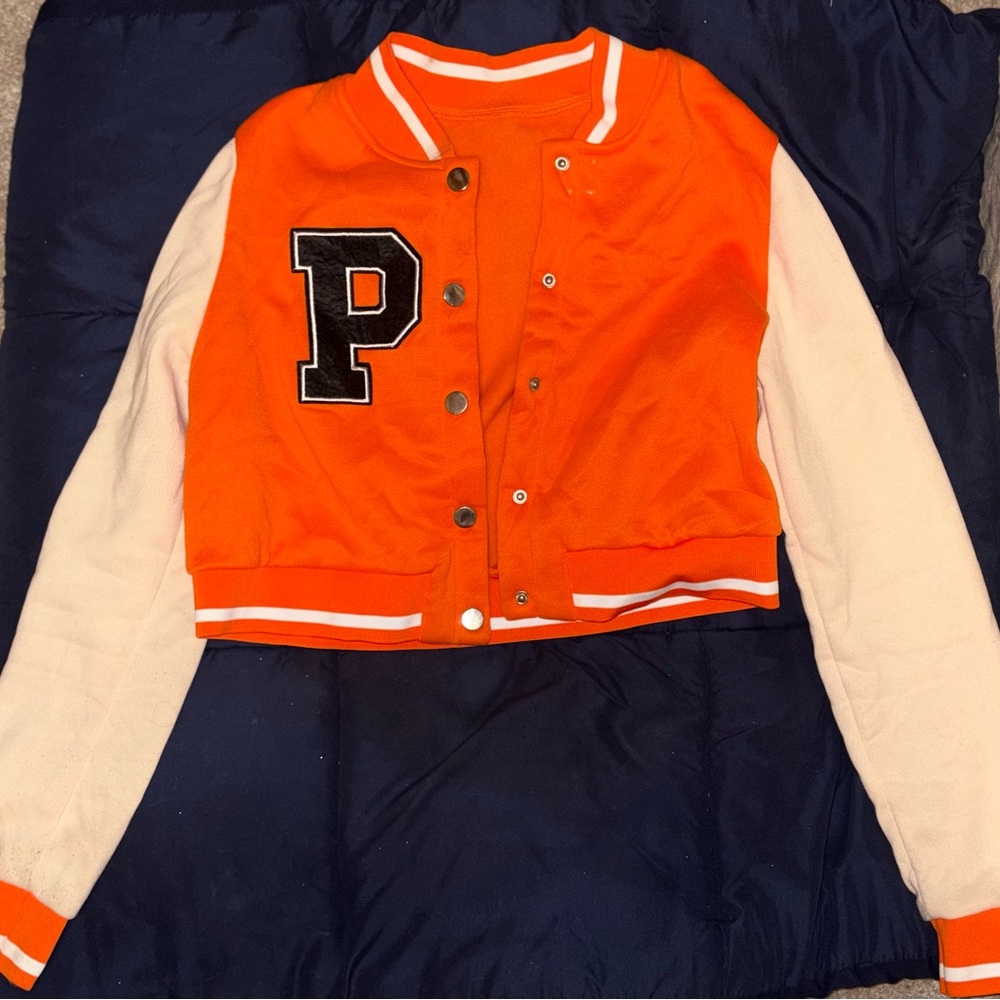 Orange Varsity Jacket with White Sleeves